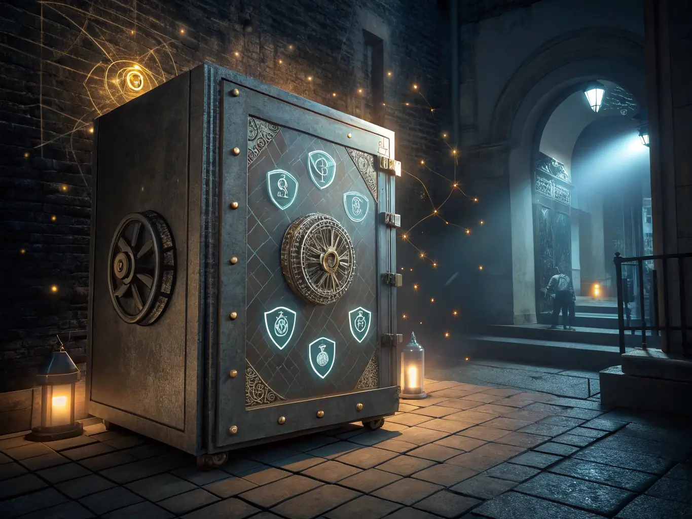 A digital illustration depicting a secure vault with a cryptocurrency symbol on it, surrounded by glowing lines representing network connections, symbolizing the secure wallet connections and transaction management offered by CryptoVault UK.