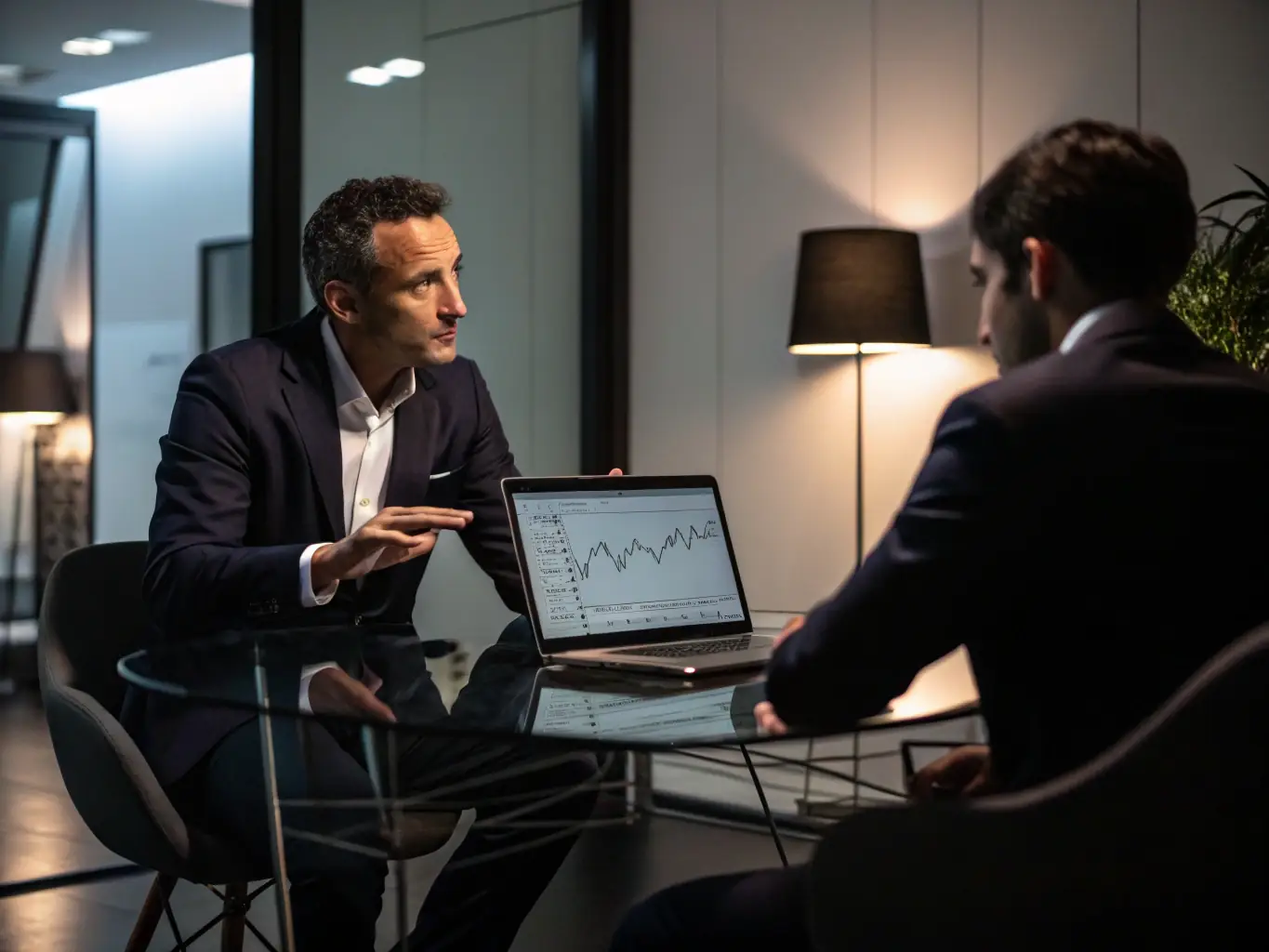 A professional advisor assisting a client with their crypto investment strategy, set against a backdrop of financial charts and data, representing the expert support and guidance provided by CryptoVault UK.